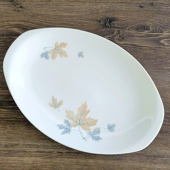 Vintage Noritake Maplewood 14" Oval Platter Blue & Tan Autumn Leaves c.1960s - Picture 1 of 8